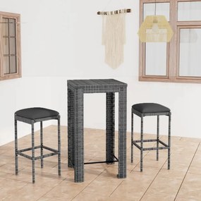 vidaXL 3 pcs conjunto de bar p/ jardim c/ almofadões vime PE cinzento