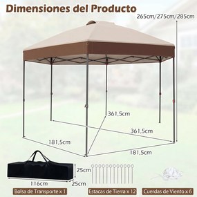 Tenda de Jardim Dobrável Hexagonal, 361,5 x 361,5 x 265 cm, Altura Regulável, Cáqui