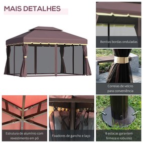 Pérgola de Jardim 3,9x2,9m de Alumínio com Teto de Ventilação 4 Cortinas Laterais Tela Mosquiteira e 8 Orifícios de Drenagem para Exterior Pátio Festa
