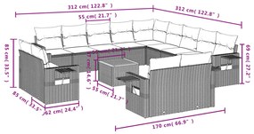 14 pcs conj. sofás jardim c/ almofadões vime PE bege misturado