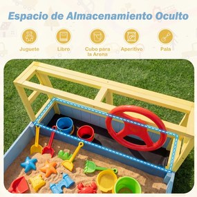 Caixa de areia infantil em madeira de abeto com forma de carro 160 x 86 x 58 cm, assento com base aberta e forro inferior, para praia, pátio ou jardim