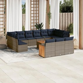 vidaXL 14 pcs conjunto sofás p/ jardim c/ almofadões vime PE cinzento