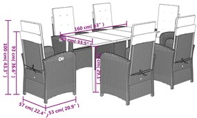 7 pcs conj. jantar p/ jardim c/ almofadões vime PE cinza-claro