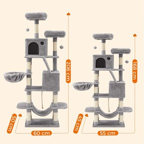 Arranhador Gatos 55 x 45 x 168 cm com 2 grutas cinzento claro