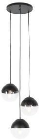 Candeeiro de suspensão retro preto com vidro transparente redondo 3-luzes - Eclipse Retro
