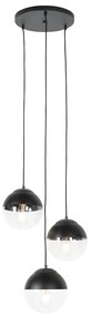 Candeeiro suspenso retro preto com vidro transparente redondo 3 luzes - Eclipse Retro