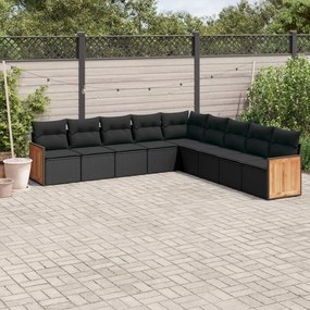 9 pcs conjunto de sofás p/ jardim c/ almofadões vime PE preto