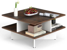 Mesa de centro quadrada 60 x 60 x 32,5 cm de 2 níveis com 4 compartimentos de armazenamento Base em forma de cruz Castanho rústico