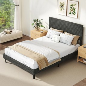 Estrutura de cama 140 x 200 cm com plataforma estofada (COLCHÃO NÃO INCLUIDO), cabeceira Chevron ajustável em altura e base de ripas de madeira incluí