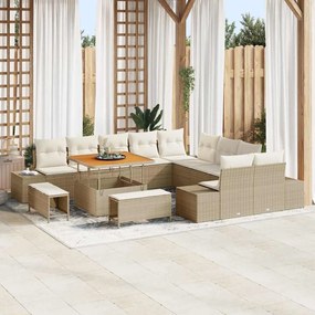 Conjunto de Sofá de Jardim vidaXL com 13 peças e Almofadas bege Rattan Sintético Acácia