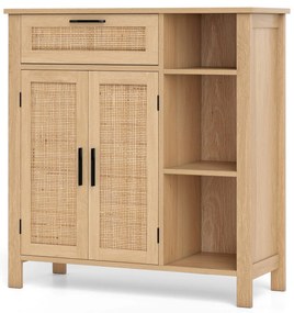 Aparador de vime com prateleira ajustável de 3 vias e armário decorativo estilo buffet boho de 2 portas, natural