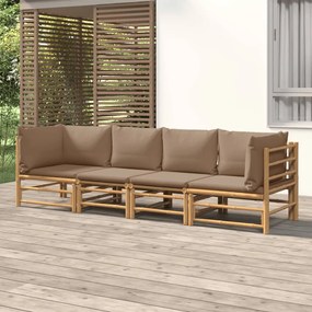 4 pcs conj. lounge jardim bambu c/ almofadões cinza-acastanhado