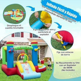 Castelo insuflável para crianças com tema musical com escorrega (SEM COMPRESSOR) Área de salto Cesto de basquetebol Piscina de bolas Área de boxe de j