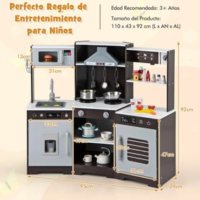 Cozinha de brincar em madeira para crianças com exaustor, exaustor de gelo, lava-loiça, torneira, forno de micro-ondas Castanha