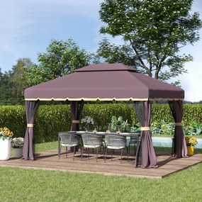 Pérgola de Jardim 3,9x2,9m de Alumínio com Teto de Ventilação 4 Cortinas Laterais Tela Mosquiteira e 8 Orifícios de Drenagem para Exterior Pátio Festa