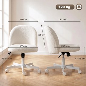 Cadeira de escritório ergonómica, reclinável em tecido bouclé sem braços, altura ajustável, creme