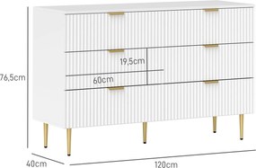Cómoda de 6 gavetas 120 x 40 x 76,5 cm, para quarto, móvel de arrumação moderno com puxadores e pés dourados, branca