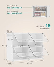 Sapateira com 4 compartimentos, armário para sapatos, com portas 32 x 83 x 63 cm Branco