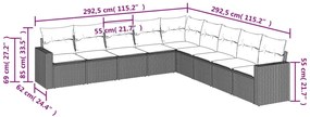 9 pcs conj. sofás jardim com almofadões vime PE cinzento-claro