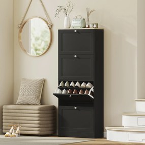 Sapateira com capacidade para 24 pares 60 x 23,5 x 153 cm, com 4 gavetas rebatíveis e prateleiras ajustáveis, preto