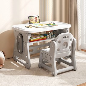 Conjunto de mesa e cadeira para crianças com quadro negro inclinado, suporte para livros e prateleira côncava para maiores de 3 anos, cinza