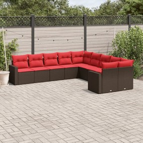 vidaXL 10 pcs conj. sofás jardim com almofadões vime PE castanho