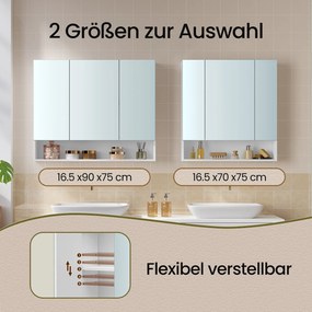 Armário de casa de banho com 3 portas com espelho 16,5 x 70 x 75 cm Branco 