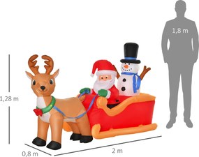 Pai Natal Insuflável com Trenó e Renas, 200 x 80 x 128 cm, Iluminação LED, Vermelho