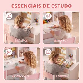 Secretária Infantil com Cadeira, Suporte Ajustável para Tablet, Porta-lápis, Quadro de Cortiça, Estantes e Armários, Rosa