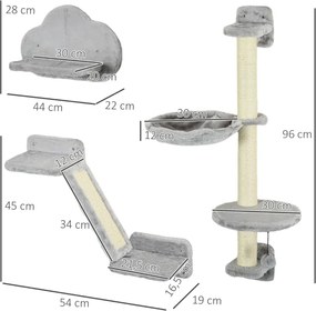 Conjunto de Prateleiras de Escalada para Gatos de 3 Peças com Rede Rampa Arranhador Plataforma em Forma de Nuvem para Saltar Cinzento