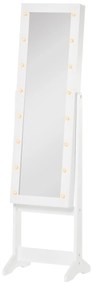 HOMCOM Guarda-Joias de Pé, com Espelho, Armário para Joias 16 Luzes LED Reclinável 36x30x136cm Branco
