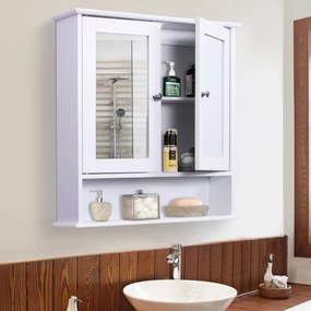 Armário de banheiro com parede de espelho com 2 portas 3 níveis de armazenamento de parede cor branco 56x13x58cm