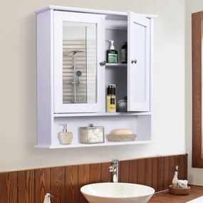 Armário de casa banho com parede de espelho com 2 portas 3 níveis de armazenamento de parede 56x13x58cm Branco