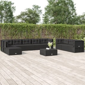 vidaXL 10 pcs conjunto lounge de jardim c/ almofadões vime PE preto