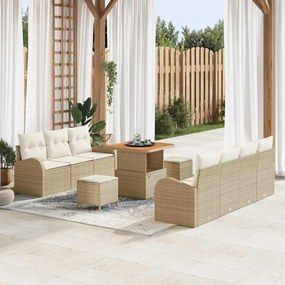 Conjunto de Sofás de Jardim de 10 Peças com Almofadas Bege Polirattan Acácia