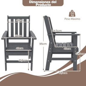 Cadeira de jantar de jardim Plástico com braços largos, assento e encosto em ripas para salão Gazebo 61 x 61,5 x 95 cm Cinza