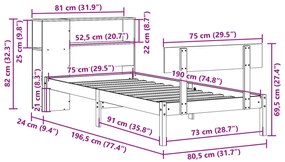 Cama com estante sem colchão 75x190 cm pinho maciço branco