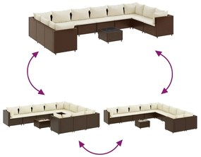 11 pcs conjunto lounge jardim c/ almofadões vime PE castanho