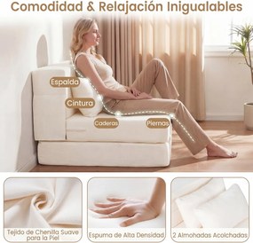 Sofá-cama futon dobrável 3 em 1 com 2 almofadas, em tecido de chenille , para sala, quarto ou escritório bege