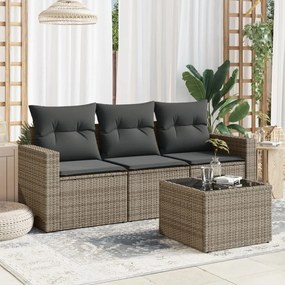 4 pcs conjunto sofás de jardim c/ almofadões vime PE cinzento