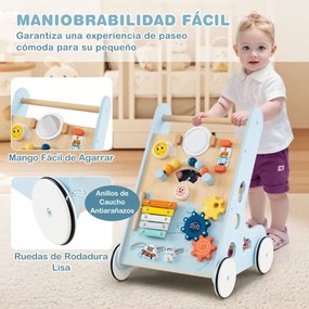 Andarilho de Madeira para Bebés Centro de Atividades de Aprendizagem para Empurrar e Puxar Azul
