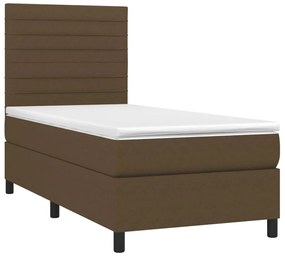 Cama box spring c/ colchão/LED 80x200cm tecido castanho-escuro