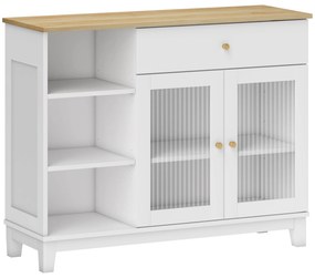 HOMCOM Aparador 2 Portas de Vidro Aparador para Sala Moderno com Gaveta Compartimentos Abertos 100x35x80,3 cm Branco | Aosom Portugal