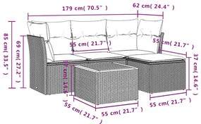 5 pcs conjunto sofás de jardim com almofadões vime PE preto