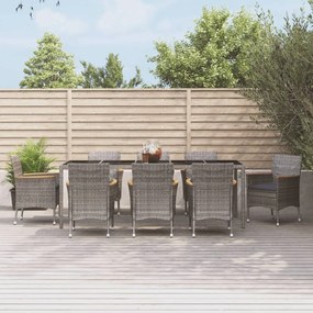 vidaXL 9 pcs conjunto de jantar p/ jardim c/ almofadões vime PE cinza