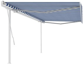 Toldo retrátil manual com postes 5x3,5 m azul e branco