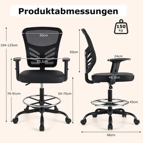 Cadeira de escritorio ergonómica Altura do assento 54-75 cm giratória alta com apoios de braços rebatíveis Preto