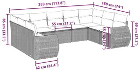 9 pcs conj. sofás jardim com almofadões vime PE cinzento-claro