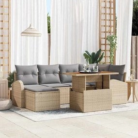 vidaXL Conjunto de Jantar de 7 Peças para Jardim com Almofadas Bege Rattan Poliéster Acácia