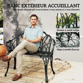 Banco de jardim em alumínio fundido  99 x 57 x 78 cm, banco de exterior de 2 lugares com encosto em forma de tulipa e assento floral, verde antigo